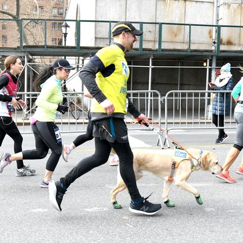 Thomas Panek zusammen mit seinem Hund Gus, mit dem er nach zwei Stunden und zwanzig Minuten die Ziellinie des New-York-Halbmarathons überquerte