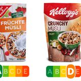 Zwei Früchte-Müslis, aber nur eines ist gesund: Die Kellogg's-Variante hat weniger Frucht, aber mehr Kalorien, Zucker und Salz als die Edeka-Eigenmarke.
