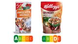 Zwei Früchte-Müslis, aber nur eines ist gesund: Die Kellogg's-Variante hat weniger Frucht, aber mehr Kalorien, Zucker und Salz als die Edeka-Eigenmarke.