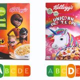 Hier treten zwei Kelloogg's-Flocken gegeneinander an. Grellbunt und ansprechend für Kinder aufbereitet sind beide - wer würde da ohne Ampelhinweis vermuten, dass das Einhorn bei den Nährwerten so abfällt?