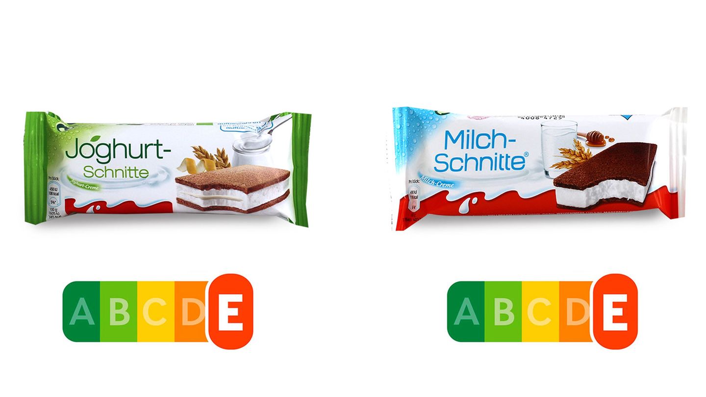 Dass die Milchschnitte eine Zuckerbombe ist, haben die meisten mittlerweile mitbekommen. Vielleicht deshalb versucht es Ferrero alternativ mit einer "Joghurt-Schnitte" in gesund-grünem Verpackungsdesign. Der Nutri-Score, so er denn aufgedruckt wäre, würde diesen Versuch entlarven.