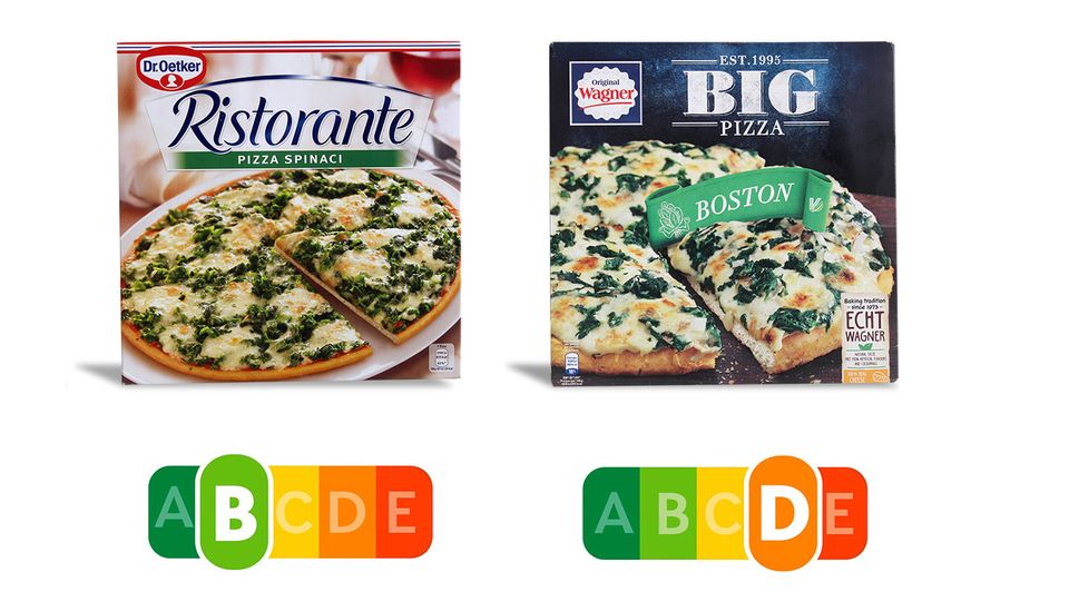Hätten Sie das gedacht? Die Ristorante-Pizza von Dr. Oetker schlägt das Wagner-Modell im Nutri-Score um Längen, dabei sehen die Pizzen auf dem Bild doch recht ähnlich aus.