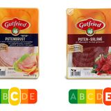 Die Putenbrust von Gutfried hält sich im Ampelsystem noch in der gelben Mitte, die Puten-Salami desselben Herstellers enthält deutlich mehr Salz und Kalorien sowie 18 Mal so viele gesättigte Fettsäuren - klares Rot.
