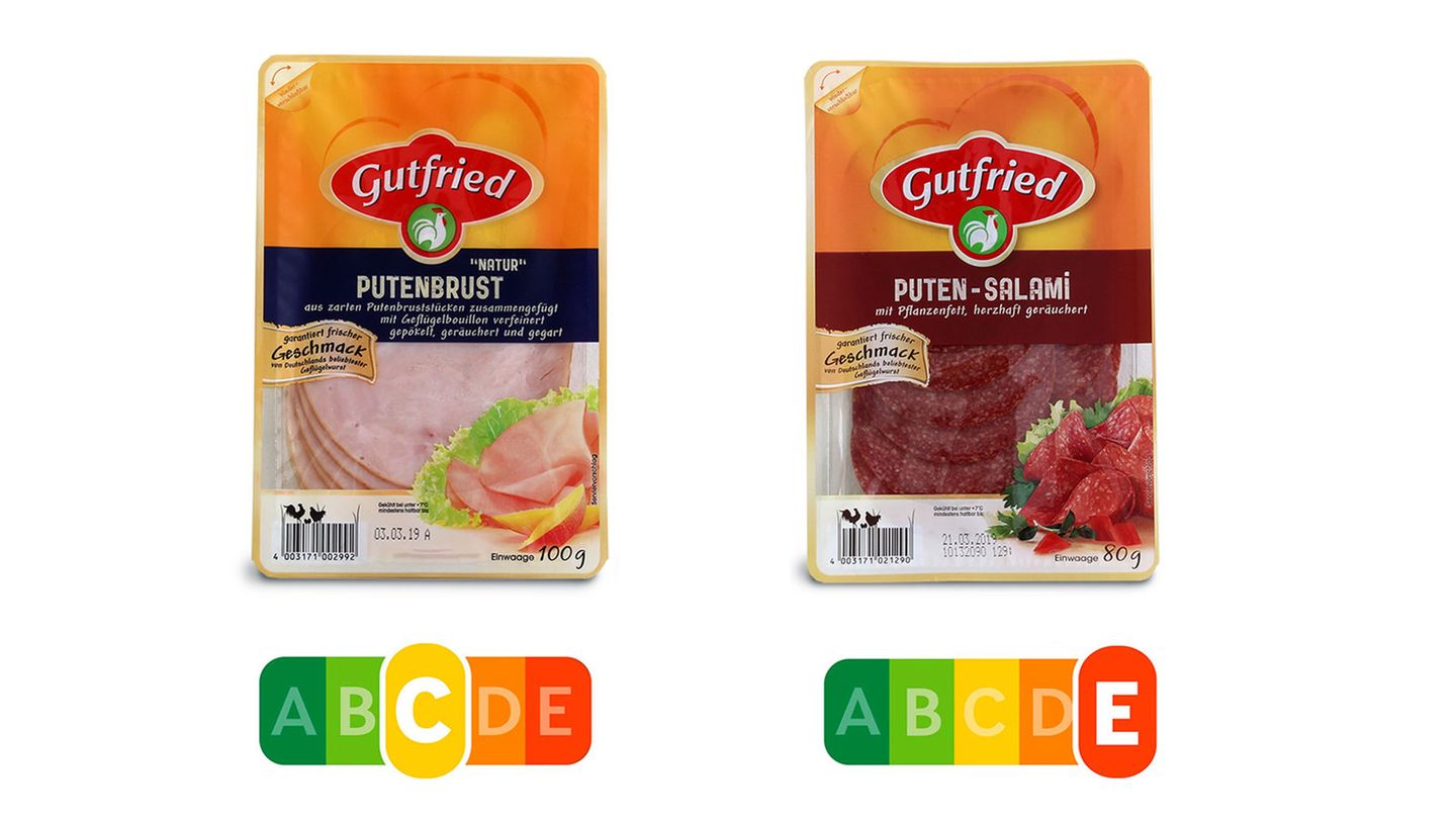 Die Putenbrust von Gutfried hält sich im Ampelsystem noch in der gelben Mitte, die Puten-Salami desselben Herstellers enthält deutlich mehr Salz und Kalorien sowie 18 Mal so viele gesättigte Fettsäuren - klares Rot.