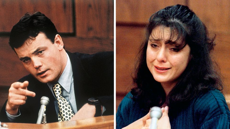 Gewalt: Szenen aus dem Prozess: John Bobbitt bei seiner Aussage – "Ich wollte die Scheidung" – und Lorena, damals Lorena Bobbitt und noch dunkelhaarig. Szenen aus dem Prozess: John Bobbitt bei seiner Aussage – "Ich wollte die Scheidung" – und Lorena, damals Lorena Bobbitt und noch dunkelhaarig.