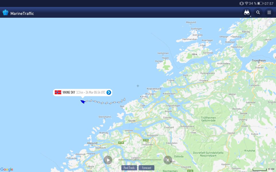 Die Lage der "Viking Sky" am Sonntagmorgen vor der westnorwegischen Küste