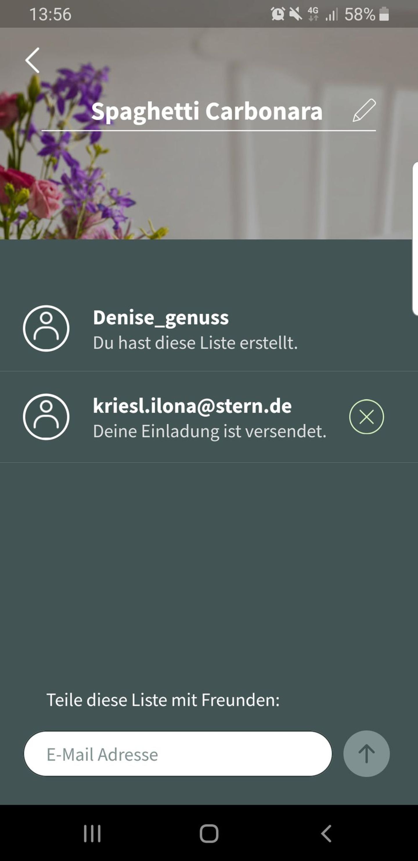 Man kann die Listen je nach Bedarf umbenennen. Beispielsweise als Spaghetti Carbonara-Liste - und sie mit seinen Freunden oder Kollegen teilen. Unsere Gesundheitsredakteurin isst auch gerne Pasta. 