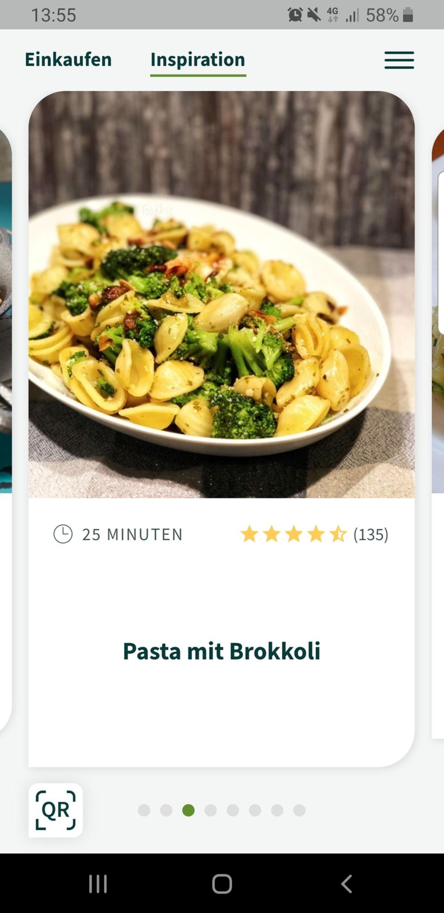 Die App denkt mit: Weil wir uns für Nudeln in der Einkaufliste entschieden haben, stellt mir der Algorithmus der App mehrere Pasta-Rezepte zusammen. Hier zum Beispiel für Pasta mit Brokkoli. Das Rezept gibt es direkt in der App, inklusive Zutaten und der Möglichkeit, diese direkt in die Einkaufsliste einzutragen.