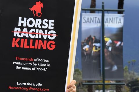 Ein Protestschild vor dem Santa Anita Park