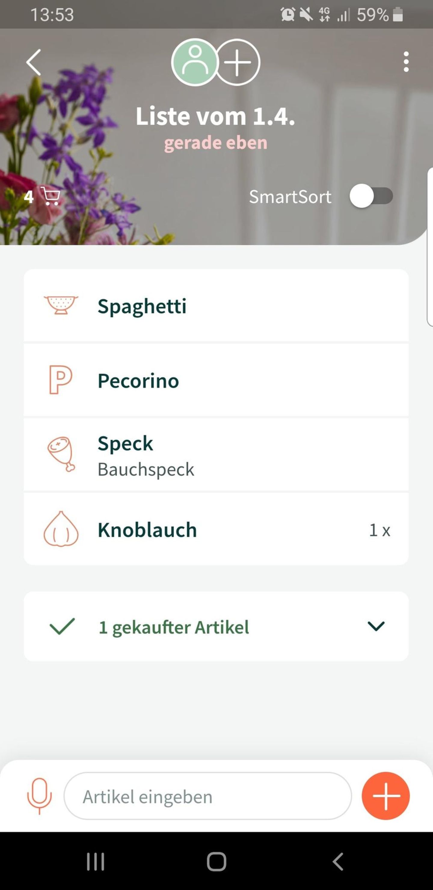 Zutat eingekauft? Wischen Sie mit dem Finger nach rechts und der Artikel sortiert sich unter "gekaufte Artikel". 
