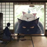 Zwei überdimensionale Katzen schauen durch japanische Schiebetüren