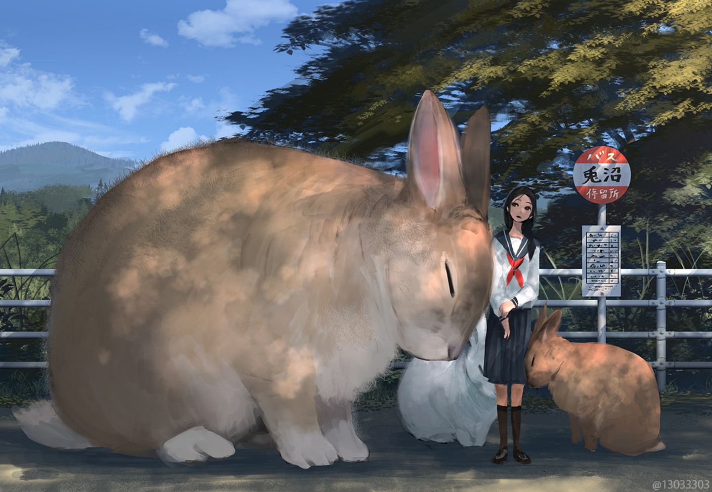 Ein großer Hase und zwei immer noch nicht kleine Hasen kuscheln eine junge Dame