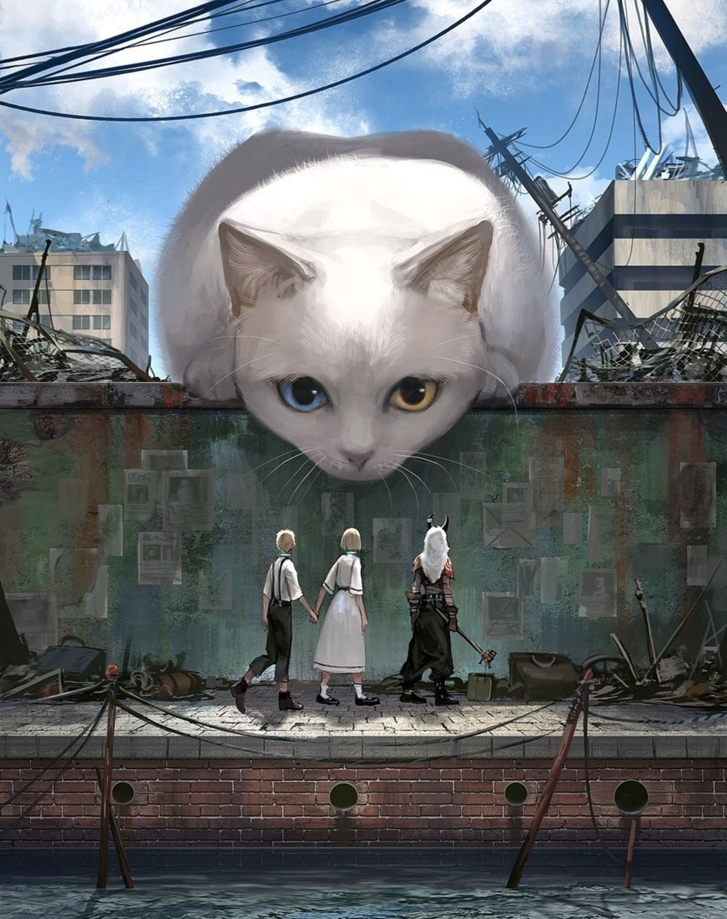 Eine riesige Katze beugt sich auf dieser Zeichnung über eine Mauer