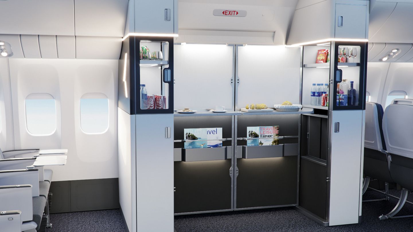 Kategorie: Kabinensysteme  Collins Aerospace zeigt, wie ungenutzter Raum in einen Kiosk umgewandelt werden kann: Im Reiseflug lässt sich das "M-Flex Duet" bezeichnete Modul links und rechts der Kabinentür aufklappen – und die Tür verschwindet.