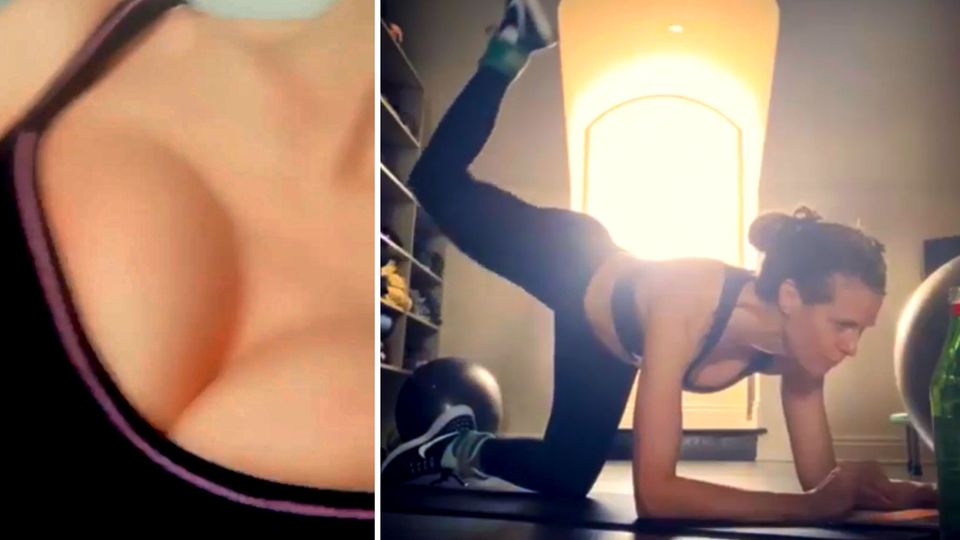 Voller Körpereinsatz: Heidi Klum ist auf allen vieren auf einer Yoga-Matte und streckt das linke Bein hoch, während sie auf dem Laptop vor sich tippt. Heidi Klum ist auf allen vieren auf einer Yoga-Matte und streckt das linke Bein hoch, während sie auf dem Laptop vor sich tippt.