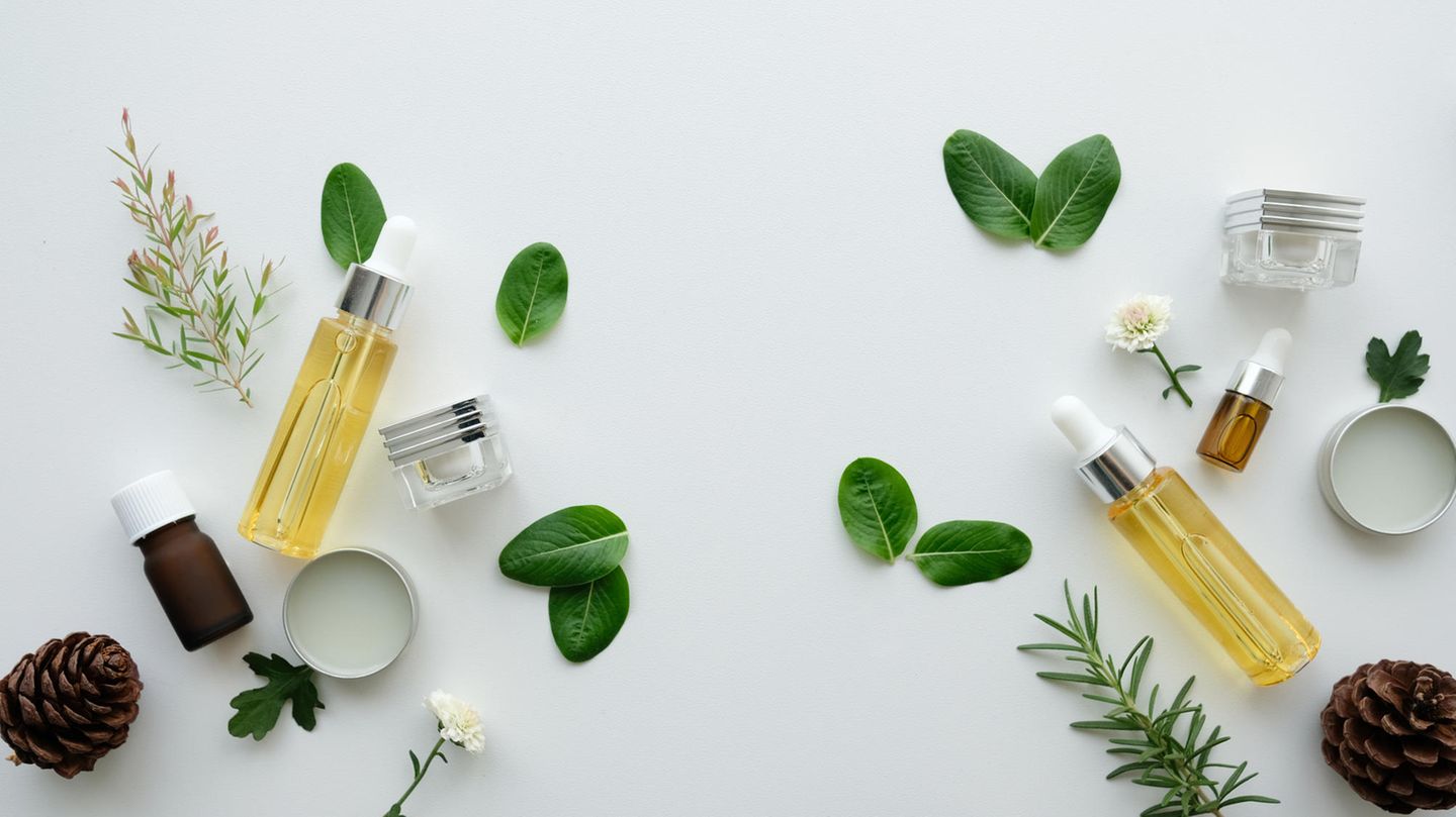 Kosmetikprodukte, Blätter, Blüten und Tannenzapfen auf Tisch ausgebreitet