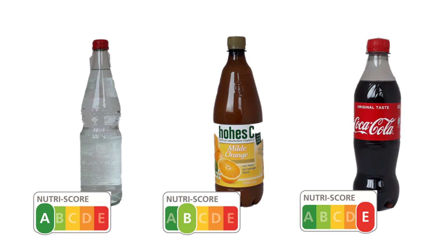 Die farbliche Kennzeichnung macht deutlich: Der gesündeste Durstlöscher ist Wasser (links). An zweiter Stelle steht der Orangensaft von "hohes C", der gerade noch im grünen Bereich landet. Die zuckrige Cola erhält ein tiefrotes "E". 