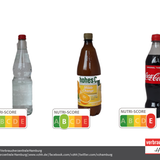 Die farbliche Kennzeichnung macht deutlich: Der gesündeste Durstlöscher ist Wasser (links). An zweiter Stelle steht der Orangensaft von "hohes C", der gerade noch im grünen Bereich landet. Die zuckrige Cola erhält ein tiefrotes "E". 