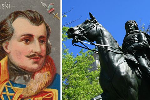 Kriegsheld Kazimierz Pulaski in einer Zeichnung aus dem 18. Jahrhundert und sein Denkmal in den USA