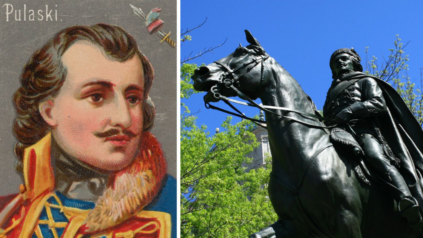 Kriegsheld Kazimierz Pulaski in einer Zeichnung aus dem 18. Jahrhundert und sein Denkmal in den USA