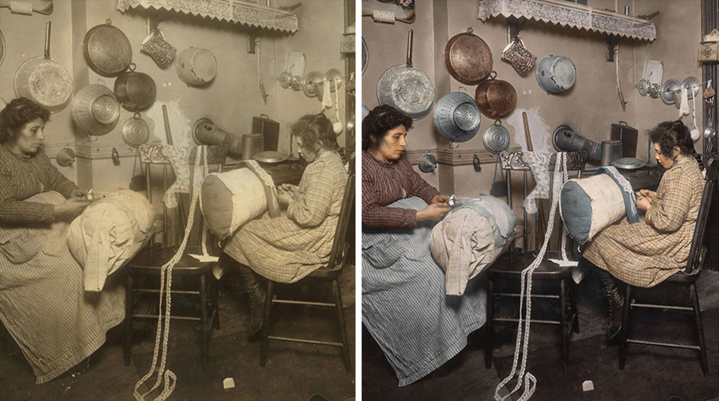 Ein Mädchen knüpft Spitze