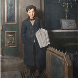 Ein Junge mit einem Stapel Tageszeitungen unter dem Arm