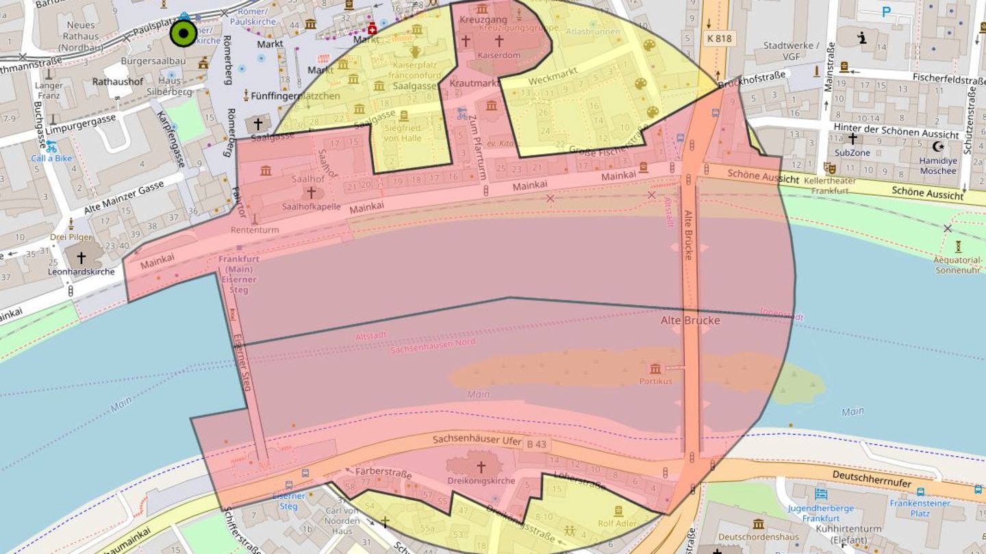 Eine Karte von Frankfurt zeigt den Sperrbezirk an beiden Ufern des Mains