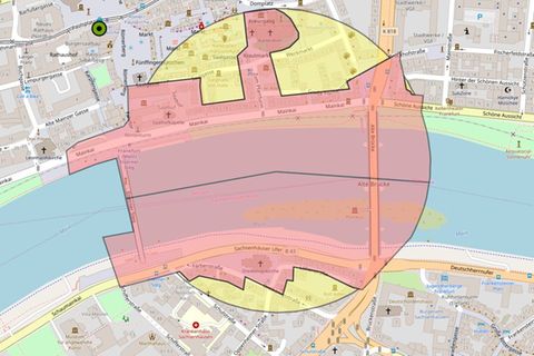 Eine Karte von Frankfurt zeigt den Sperrbezirk an beiden Ufern des Mains