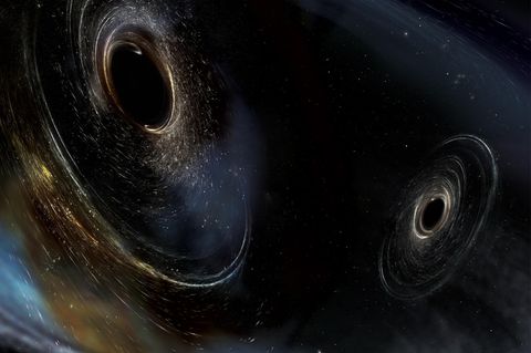 Diese Grafik zeigt zwei verschmelzende Schwarze Löcher.