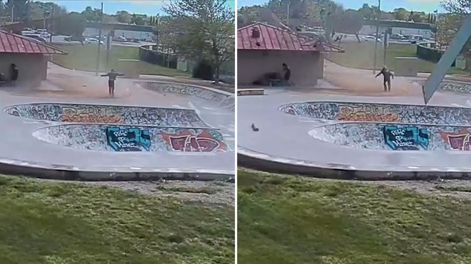 Staubteufel trifft Skateboarder im kalifornischen Park Staubteufel trifft Skateboarder im kalifornischen Park