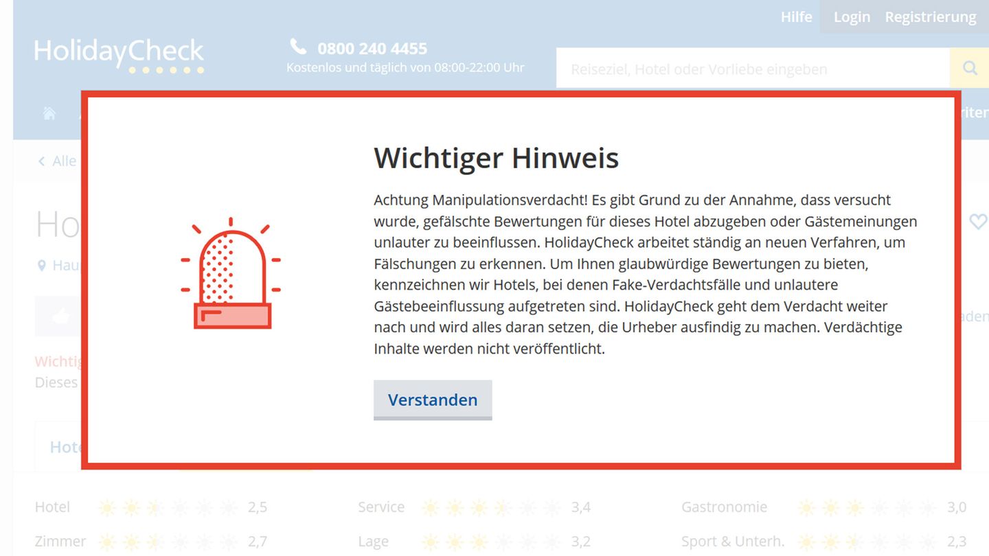 Warnung auf der Website von holidaycheck.de: Hinter dieser Besprechung könnte ein Netzwerk von Bewertungsfälschern stecken