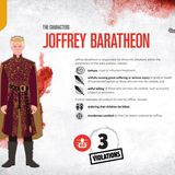 Joffrey Baratheon: 3 Arten der Verletzung von Humanitärem Völkerrecht  - Folter, grausame oder unmenschliche Behandlung  - Vorsätzlich großes Leiden oder schwere Verletzungen von Körper oder Gesundheit verursachen  - Vorsätzliches Töten von Personen, die kampfunfähig sind, wie z.B. Verletzte, Soldaten oder Gefangene      Weitere Beispiele für das Verhalten von Joffrey sind:  - Befehl, dass Kinder getötet werden  - Mörderisches Verhalten der Stadtwache im Auftrag von Joffrey