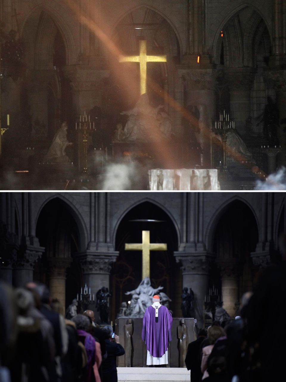 Brand der Nortre-Dame: Bild vom Altar, vorher und nachher Brand der Nortre-Dame: Bild vom Altar, vorher und nachher