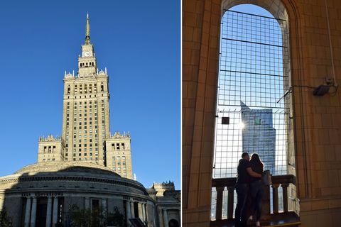 Bild 1 von 10 der Fotostrecke zum Klicken:  Kulturpalast  Der 237 Meter hohe Turm aus den frühen 1950er Jahren im Zentrum der Hauptstadt ist mehr als nur ein Orientierungspunkt bei Spaziergängen: Das im Stil des sozialistischen Klassizismus errichtete "Geschenk der sowjetischen Nation" mit seinen mehr als 3000 Räumen kann per Führung besichtigt und die Aussichtsetage in der 30. Etage per Fahrstuhl besucht werden. Rechts im Bild: der Blick von oben nach Westen auf das Wohnhochhaus von Daniel Libeskind. Metro: Centrum  Infos: www.pkin.pl