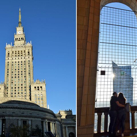 Bild 1 von 10 der Fotostrecke zum Klicken:  Kulturpalast  Der 237 Meter hohe Turm aus den frühen 1950er Jahren im Zentrum der Hauptstadt ist mehr als nur ein Orientierungspunkt bei Spaziergängen: Das im Stil des sozialistischen Klassizismus errichtete "Geschenk der sowjetischen Nation" mit seinen mehr als 3000 Räumen kann per Führung besichtigt und die Aussichtsetage in der 30. Etage per Fahrstuhl besucht werden. Rechts im Bild: der Blick von oben nach Westen auf das Wohnhochhaus von Daniel Libeskind. Metro: Centrum  Infos: www.pkin.pl