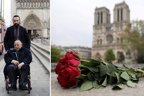 Der Rektor der Großen Moschee von Paris Dalil Boubakeur besucht am Tag nach dem Brand die Kathedrale Notre-Dame.