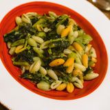 Malloreddus   Die Pasta Sardiniens   Für 4 Personen · Zubereitung: 90 Minuten · Kochzeit: 14–15 Minuten · Schwierigkeitsgrad: mittel      Zutaten:  Basisrezept: 250 g Hartweizengrieß, 250 g Grieß, 1 TL Salz       Zubereitung:  Hartweizengrieß und Grieß mit 3 l Wasser und Salz zu einem Teig kneten. Das Wasser dabei langsam hinzufügen, bis eine kompakte und feste Masse entsteht. Aus der Masse ein faustgroßes Stück nehmen und dieses mit den Handballen nach vorn und nach hinten kneten und zu einer etwa 0,5 cm dicken Rolle formen. Diese in 1–2 cm lange Stücke schneiden und dann einzeln über eine Gabel drücken. Auf einem sauberen Tuch ausbreiten und etwas trocknen lassen. Die so zubereiteten Malloreddus können einige Tage im Kühlschrank aufbewahrt oder gleich zubereitet werden. Dafür 14–15 Minuten in kochendem Salzwasser garen.