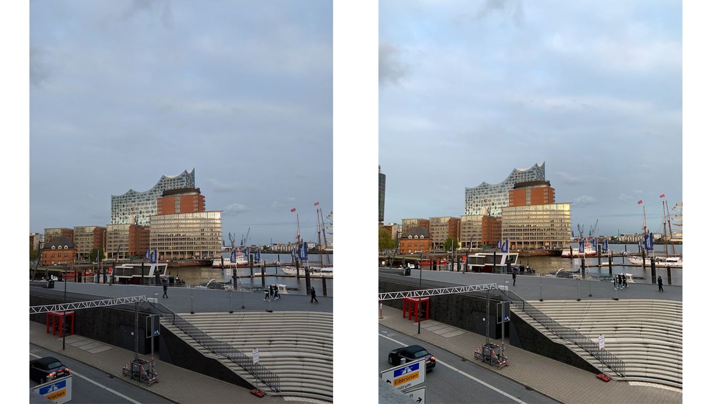 Bei Tageslicht geben sich das Pixel 3a XL (links) und das iPhone XS wenig. Das iPhone fängt aber etwas besser die leichte Wärme des Lichtes aus der sich senkenden Sonne im Hintergrund ein.