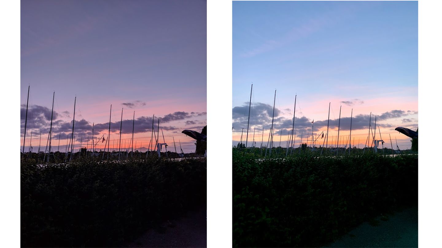 Bei schwierigen Lichtverhältnissen hilft die Nachberechnung besonders. Auch wenn die Farben beim Pixel (links) besonders knallig wirken, entsprechen sie eher der echten Lichtstimmung.