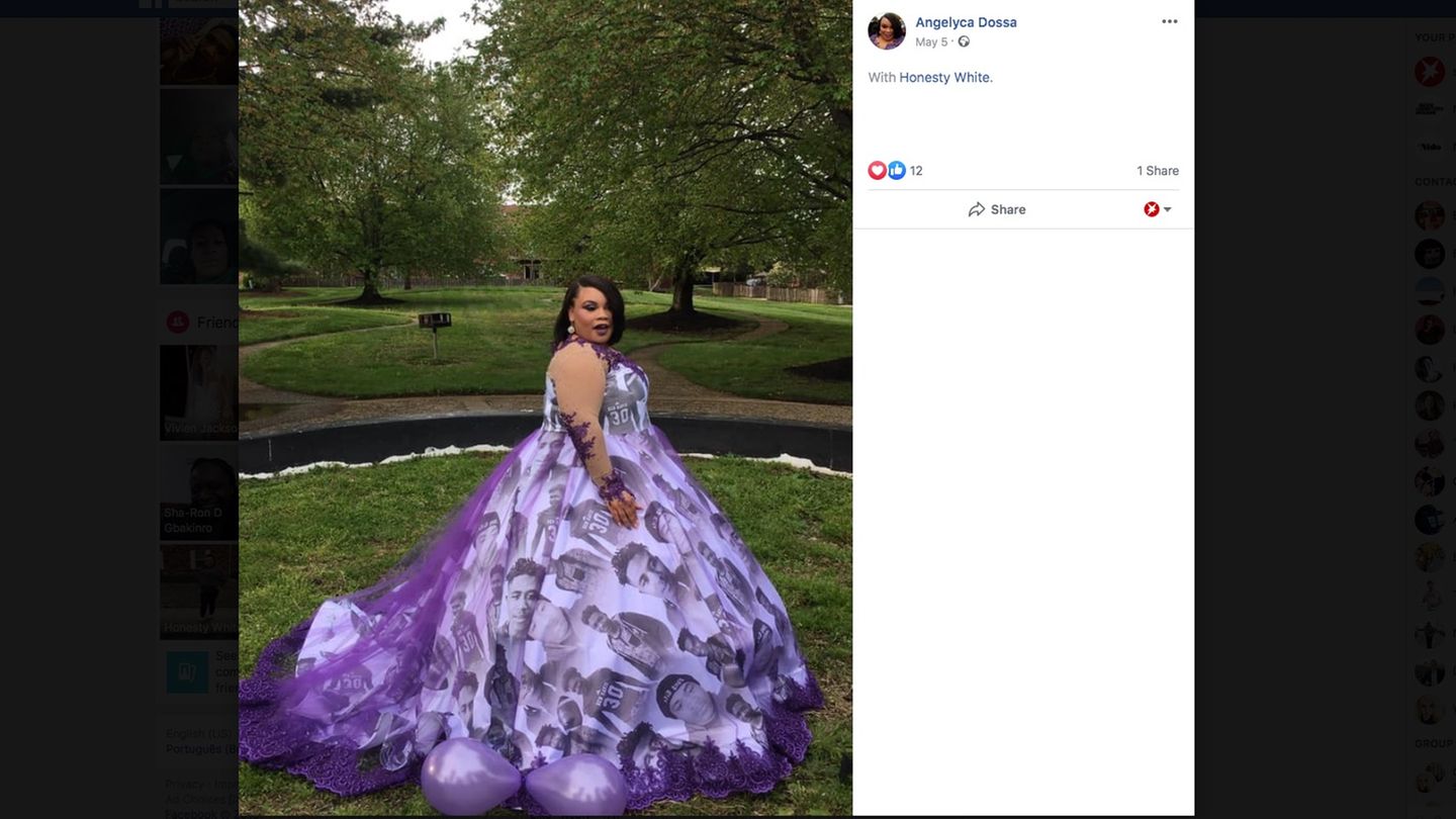 Eine 16-Jährige trägt ein lilafarbenes Ballkleider, das mit Fotos ihres Bruders bedruckt ist