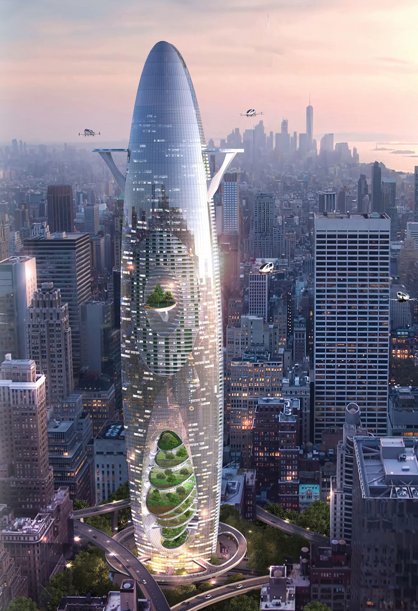Lobende Erwähnung: BKV Group, Vereinigte Staaten  Der Titel dieser Studie lautet "The Vertical Sustainable City“". Das Erdgeschoss beherbergt Gewerbeflächen innerhalb eines vertikalen Mall-Konzepts. Direkt darüber befindet sich ein Bereich für die Lebensmittelproduktion - eine Farm in der Stadt.  In der oberen Hälfte des Turms gibt es zwei Drohnenlandeplätze und an der Spitze sind der Bürobereich und Windenergieanlagen platziert.