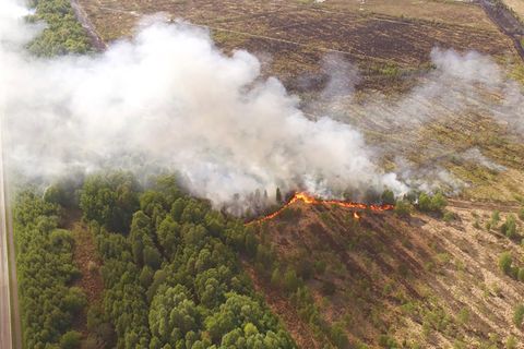 Esterwegen, Deutschland. Das Drohnenfoto der Feuerwehr zeigt eine Moorfläche, die in Flammen steht. In einem Torfabbaugebiet nördlich von Esterwegen  war am 14. Mai 2019 ein Feuer ausgebrochen. Die Flammen hatten sich laut Polizei zwischenzeitlich auf eine Fläche von 20 bis 30 Hektar ausgedehnt. Doch laut der Feuerwehr ist der Brand inzwischen unter Kontrolle. Anders als im vergangenen Herbst in Meppen hat sich das Feuer nicht in die Tiefe gefressen, weil der Boden dort zu nass ist.
