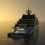 Dieses Bild zeigt den Wasserfall, der im Heck über mehrere Decks in die Tiefe rauscht