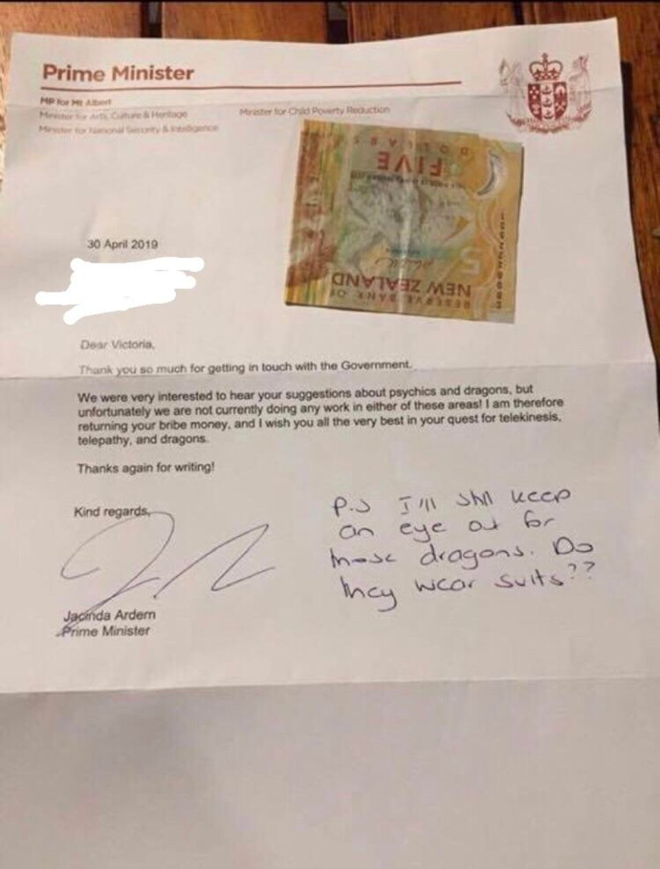 Neuseeland Brief von der Ministerin an Victoria