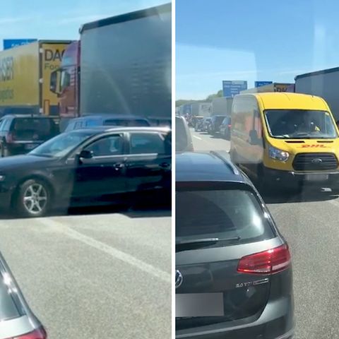 Auf der Autobahn A1, Höhe Lübeck-Möslingen, wenden Autofahrer nach einem schweren LKW-Unfall mitten in der Rettungsgasse.