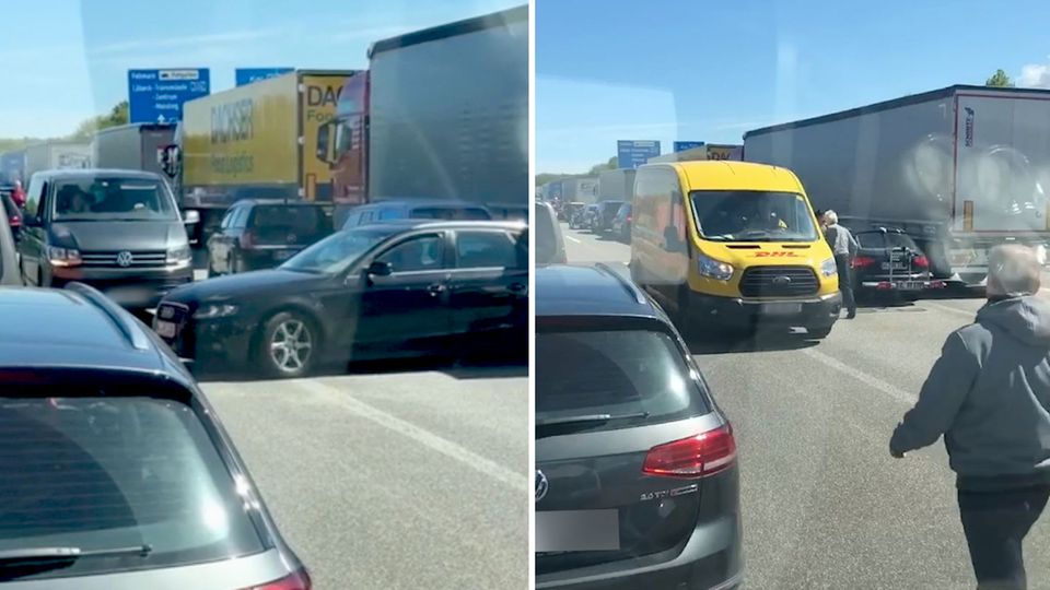 Auf der Autobahn A1, Höhe Lübeck-Möslingen, wenden Autofahrer nach einem schweren LKW-Unfall mitten in der Rettungsgasse.
