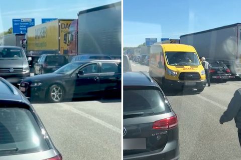 Auf der Autobahn A1, Höhe Lübeck-Möslingen, wenden Autofahrer nach einem schweren LKW-Unfall mitten in der Rettungsgasse.