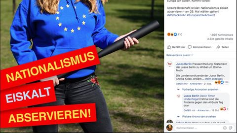Der Facebook-Post der Berliner Jusos: Eine Frau mit Europa-Pulli, Baseballschläger. Text: "Nationalismus eiskalt abservieren""