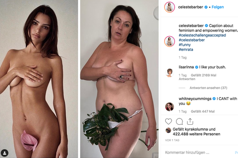 Ein Bild zeigt zwei fast nackte Frauen in identischer Pose: links Emily Ratajkowski, rechts Celeste Barber