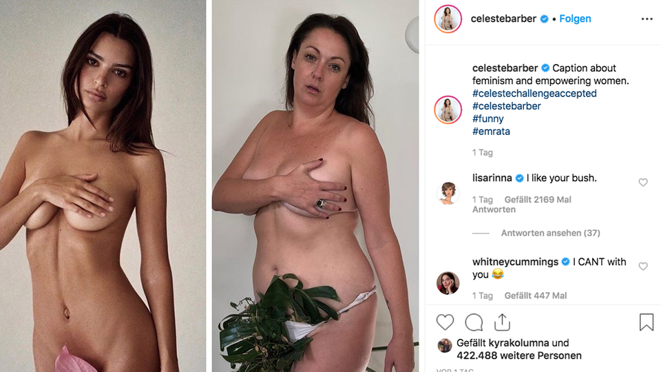 Emily Ratajkowski und Celeste Barber Ein Bild zeigt zwei fast nackte Frauen in identischer Pose: links Emily Ratajkowski, rechts Celeste Barber